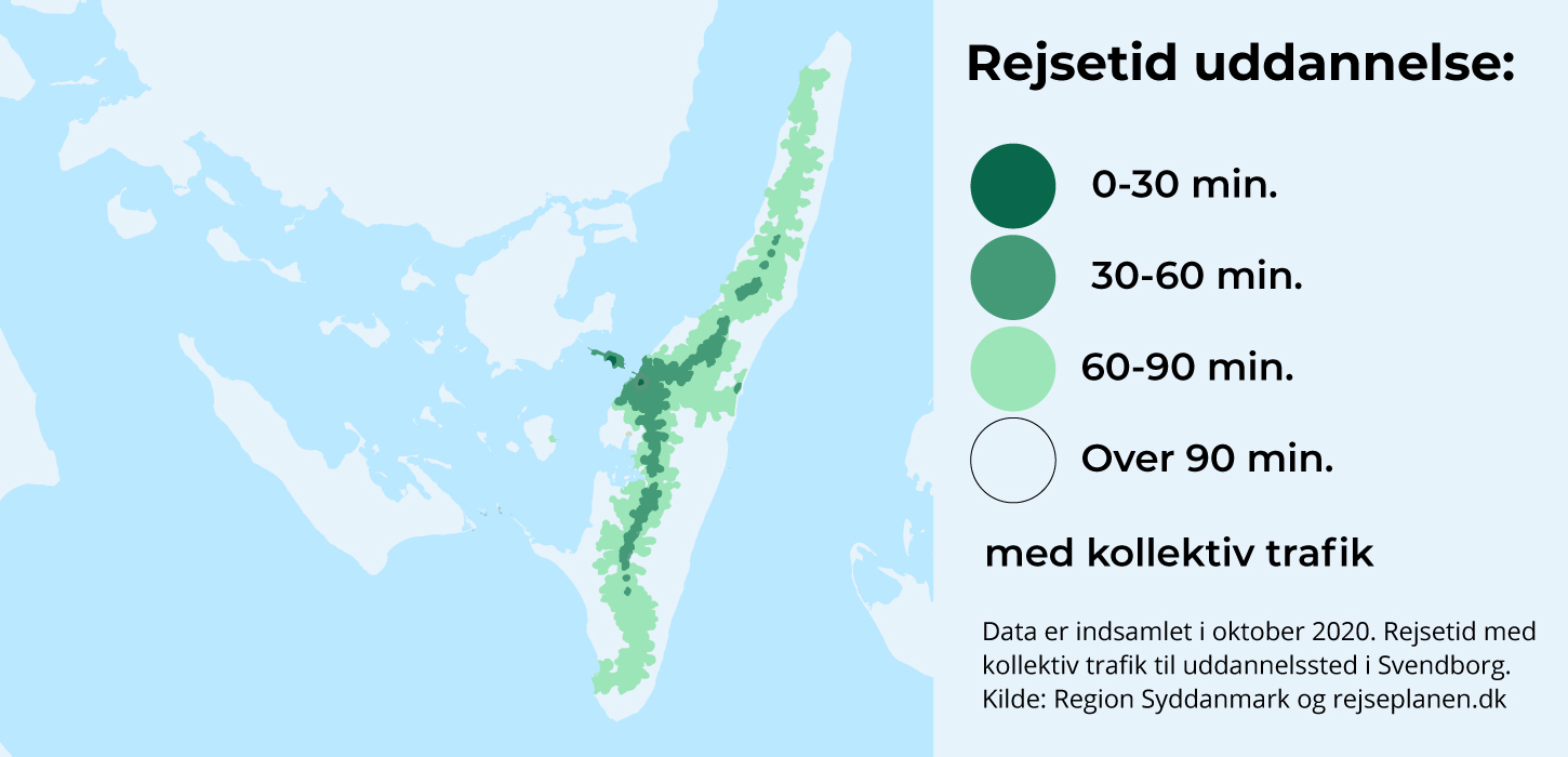 Rejsetid til Langeland og Strynø med kollektiv trafik til uddannelssted i Svendborg