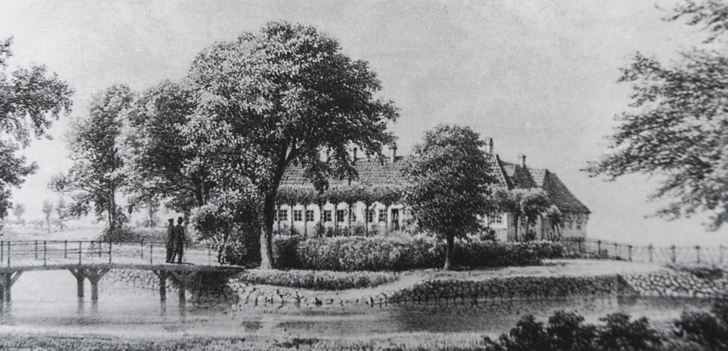 Litografi af Skovsgaard set fra syd ca. 1850