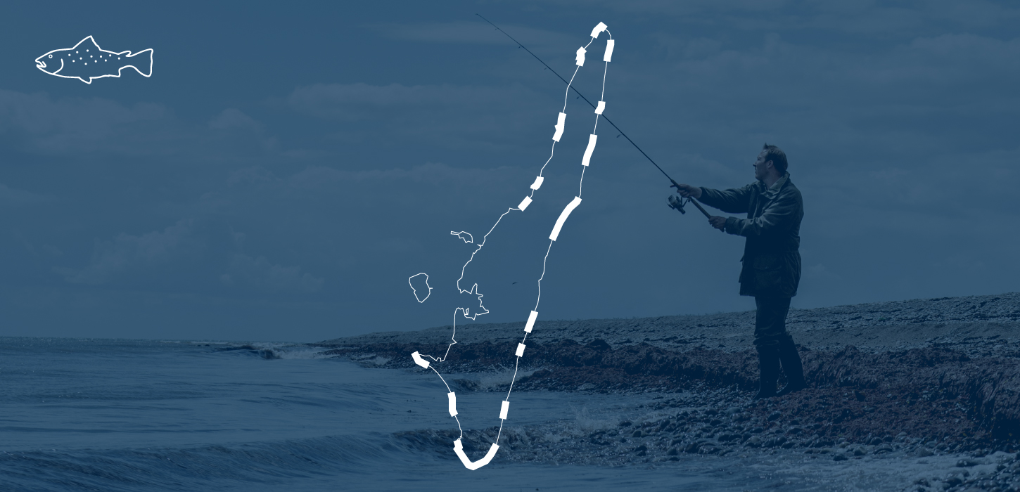 Kortet viser fiskepladser for havørred på Langeland