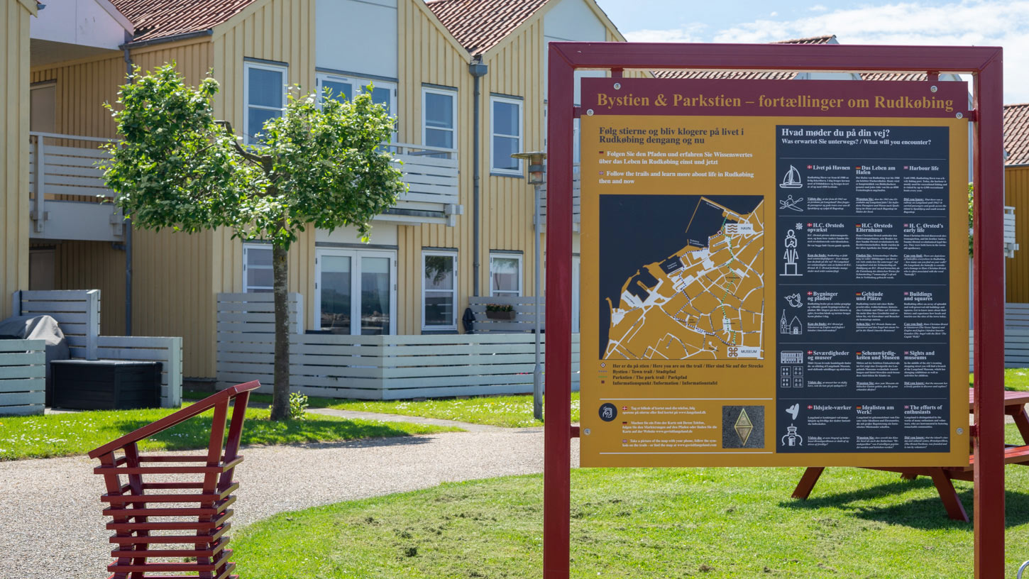 Skilt som viser by- og parkstiens forløb gennem Rudkøbing