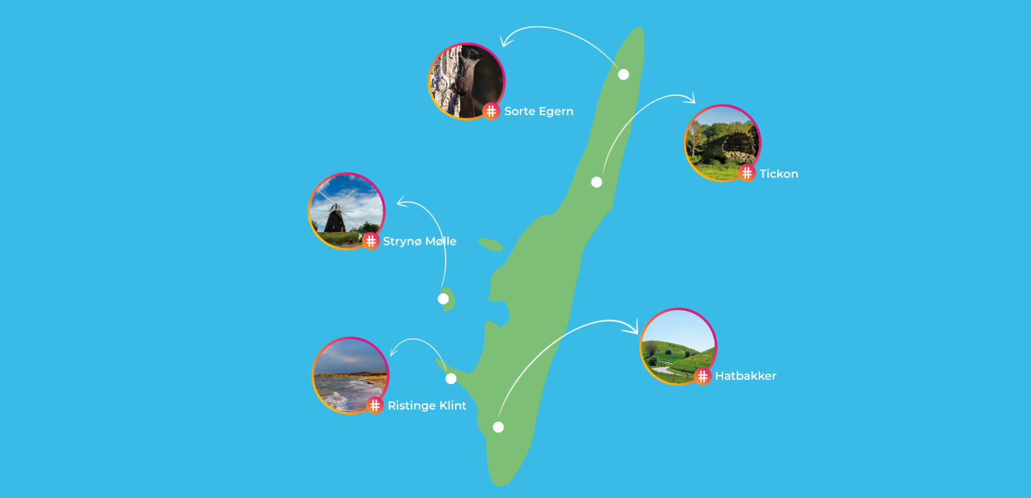 Kort over Instaspots på Langeland og Strynø