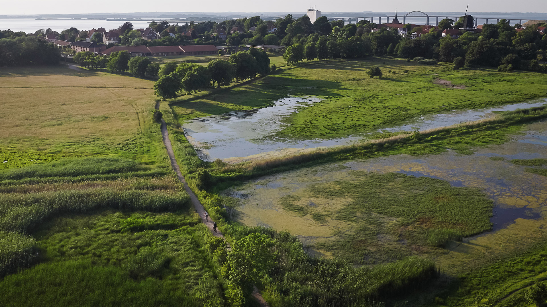 Udsigt over vådområdet Vejlen og Rudkøbing med Langelandsbroen i baggrunden