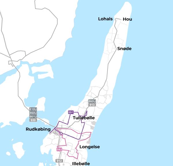 Kortet viser busruter på Nordlangeland