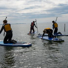 Fem unge mennesker på SUP boards ved Rudkøbing